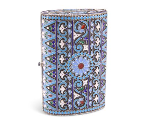 A RUSSIAN SILVER AND CHAMPLEVÉ&nbsp;ENAMEL BOX, Khlebnikov, St. Petersburg, 1899-1908, rounded rectangular, profusely enamell