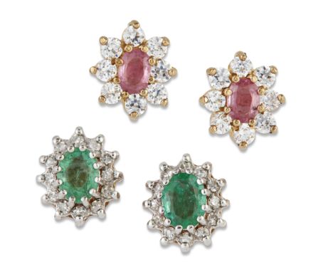 TWO PAIRS OF CLUSTER EARRINGS, including A PAIR OF 9 CARAT GOLD EMERALD AND DIAMOND CLUSTER EARRINGS, estimated total diamond