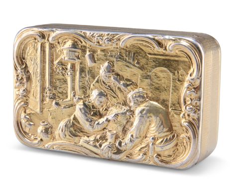 A GEORGE III SILVER-GILT SNUFF BOX, by John Linnit, London 1815,&nbsp;the cover chased with a vignette of figures gathered ar