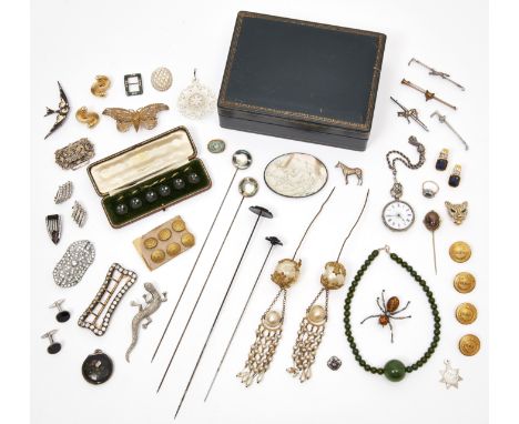 A GROUP OF JEWELLERY, including A CASED SET OF SIX NEPHRITE DRESS BUTTONS, of plain disk design, in a fitted Elkington &amp; 