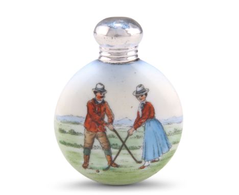 AN EARLY 20TH CENTURY SILVER-TOPPED PORCELAIN SCENT FLASK, marks indistinct, the moon-shaped body decorated with golfers. 4cm