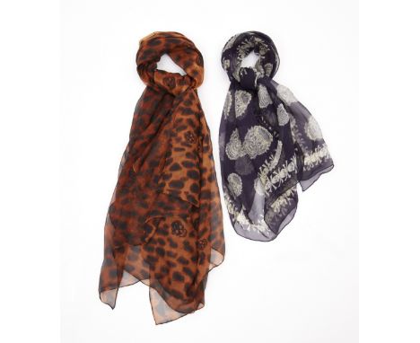 ALEXANDER MCQUEEN - TWO SKULL PRINT SILK SCARVES / SHAWLS,&nbsp;tiger print, 135cm by 135cm; and blue and white, 101cm by 101
