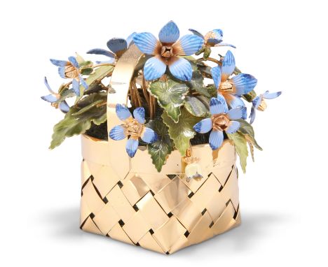A STERLING SILVER-GILT AND ENAMEL BASKET OF FLOWERS,&nbsp;the woven gilt basket filled with stylised enamelled blue flowers a