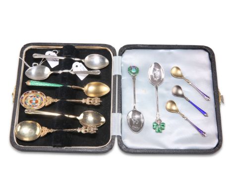 A COLLECTION OF SILVER AND ENAMEL SPOONS, including a Norwegian silver-gilt and guilloche coffee spoon with Russian assay mar