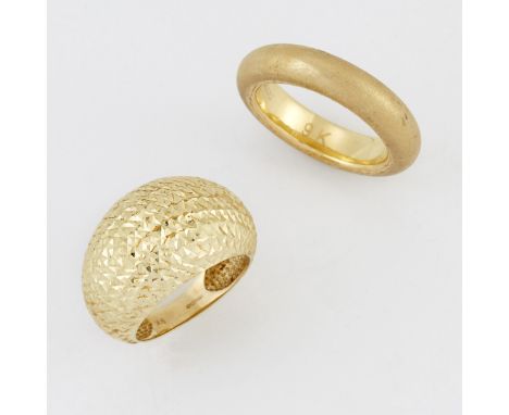 A 9 CARAT GOLD FACETED RING, hallmarked Sheffield, ring size R1/2; and A RING, OR SCARF RING, of matte design with faceted de