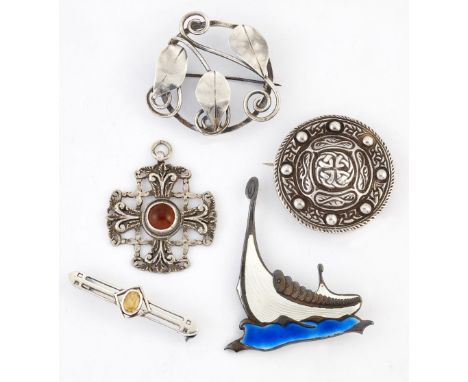 FOUR SILVER BROOCHES, including ALBERT SCHARNING - A NORWEGIAN SILVER AND ENAMEL LONGSHIP BROOCH, 5.5cm by 4.5cm; A SCOTTISH 