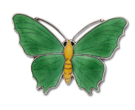 AN ENAMEL BUTTERFLY BROOCH, green guilloche enamel wings to a yellow enamel body. Maker's mark 'HG', 'sterling silver', 3cm b