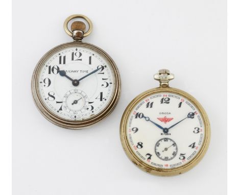 TWO RAILWAY-THEMED OPEN FACE POCKET WATCHES, the first a circular white dial signed Oriosa 18 rubis Made in USSR, with black 