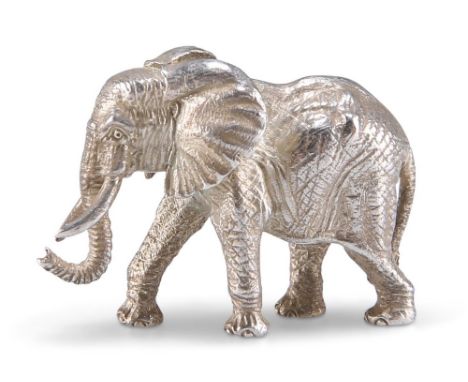 A STERLING SILVER ELEPHANT,&nbsp;by Patrick Mavros, Zimbabwe, modern, the miniature adult model with tusks realistically cast