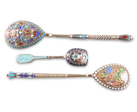 THREE RUSSIAN SILVER AND ENAMEL SPOONS, the first by Gustav Klingert, c.1890, in traditional "Old Russian" style, 11.2cm; the