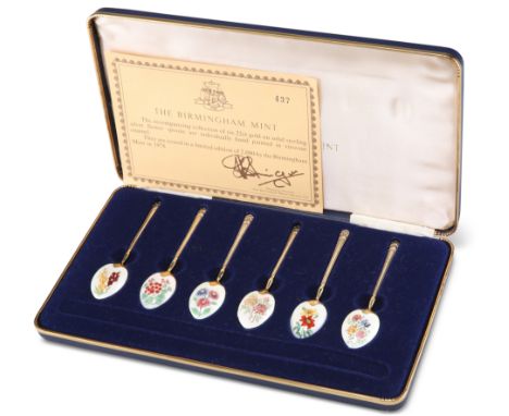 A SET OF SIX ELIZABETH II SILVER-GILT AND ENAMEL LIMITED EDITION SPOONS,&nbsp;by&nbsp;Birmingham Mint, Birmingham 1979, each 