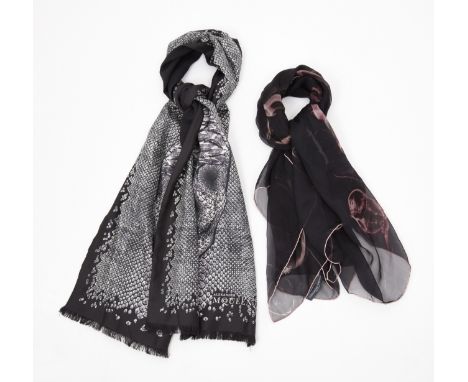 ALEXANDER MCQUEEN - TWO SKULL PRINT SILK SCARVES / SHAWLS,&nbsp;snake skin and skull print, 142cm by 32cm; and pink smoke, 98