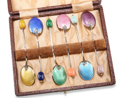 A SET OF SIX GEORGE VI SILVER AND ENAMEL COFFEE BEAN SPOONS,&nbsp;by Turner &amp; Simpson Ltd, Birmingham 1938, each enamelle
