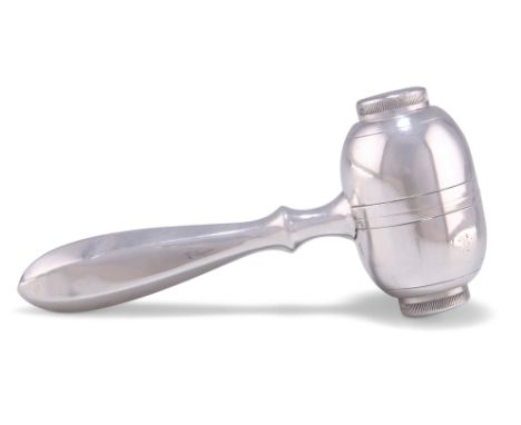 A CONTINENTAL NOVELTY CONDIMENT, in the form of a gavel, indistinct marks, the head with twin compartments for salt and peppe