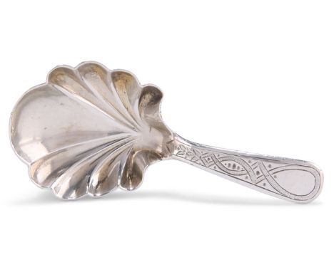 A GEORGE III SILVER CADDY SPOON,&nbsp;by H.G, London 1808, with shell-form bowl and bright-cut engraving. 8.3cm long