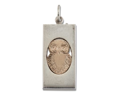 ELIS KAUPPI FOR KUPITTAAN KULTA - A FINNISH SILVER AND GOLD-PLATED OWL PENDANT, rectangular form with a central pierced and g