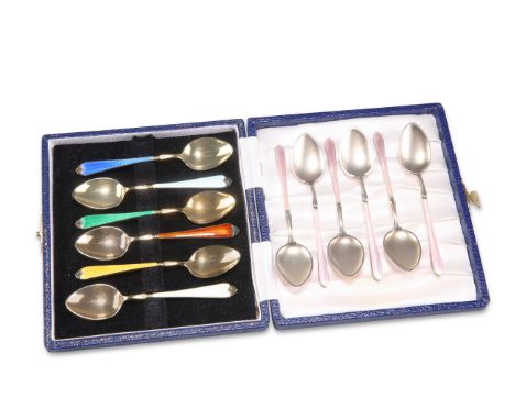 A SET OF SIX ELIZABETH II SILVER AND ENAMEL COFFEE SPOONS, by Adie Brothers Ltd, Birmingham 1958 and 1962, cased; together wi