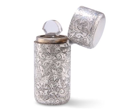 A VICTORIAN SILVER SCENT FLASK,&nbsp;by&nbsp;Sampson Mordan II, London 1881, cylindrical with hinged cover, engraved with scr