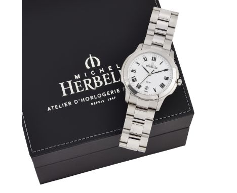 A GENTS STEEL MICHEL HERBELIN BRACELET WATCH, circular white dial with black Roman index and hands, date aperture at 6 o'cloc