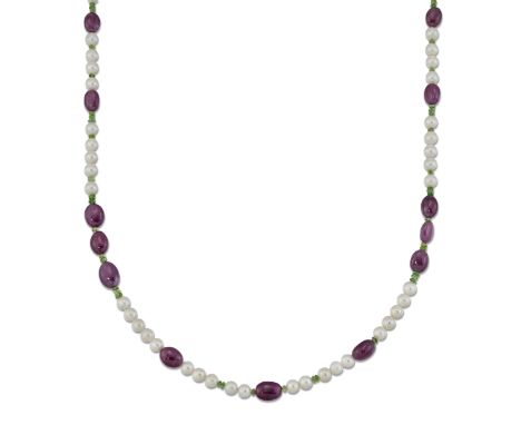 A CULTURED PEARL, RUBY AND TSAVORITE GARNET NECKLACE, cultured pearls spaced by smooth polished oval ruby and tsavorite garne