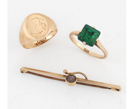 A GROUP OF JEWELLERY, including A 9 CARAT GOLD SIGNET RING, ring size H1/2; A GREEN PASTE RING, marked '9CT', ring size M; an