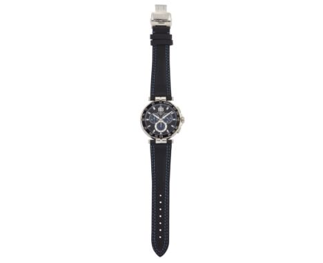 A MICHEL HERBELIN NEWPORT STRAP WATCH, circular black dial with Chronograph sub dials and date window at 12 o’clock position,
