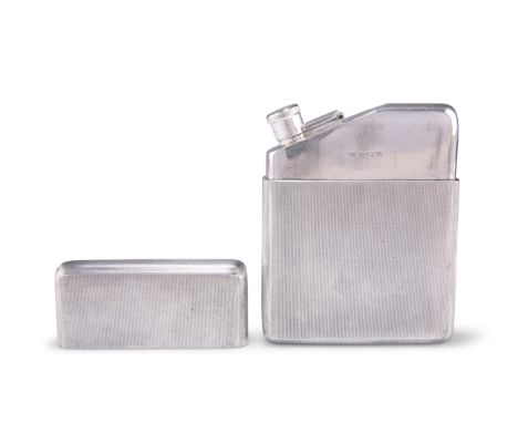 A GEORGE VI UNUSUAL SILVER FLASK,&nbsp;by&nbsp;A Wilcox, Birmingham 1948, rectangular with engine-turned ground, the pull-off