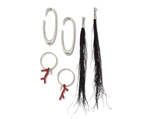 THREE PAIRS OF YVES SAINT LAURENT EARRINGS, including A PAIR OF LOULOU BLACK OSTRICH FEATHER CLIP EARRINGS, 24cm long; A PAIR