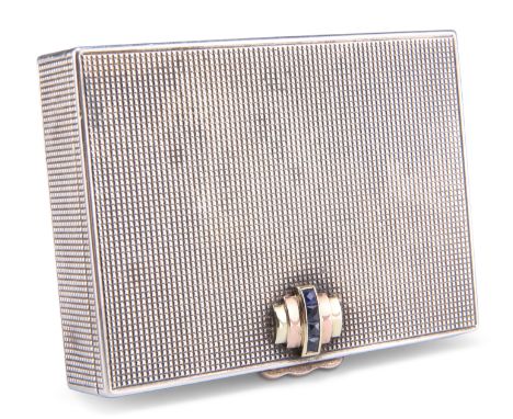 A STERLING SILVER AND GOLD ENGINE-TURNED CASE,&nbsp;rectangular, set with four blue 'stones' in a bi colour setting, stamped 