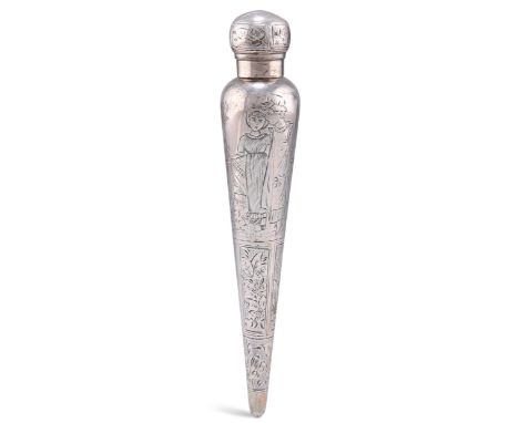 A VICTORIAN SILVER SCENT FLASK, by Sampson Mordan II, London 1884, of tapering cylindrical form, engraved with children in ru