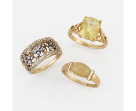 THREE 9 CARAT GOLD GEM-SET RINGS,&nbsp;including&nbsp;A CITRINE RING; A FLORAL BAND RING; and&nbsp;A JADE RING. (3) Birmingha