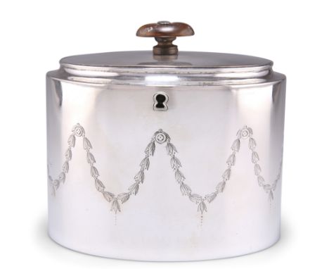 A GEORGE III SILVER TEA CADDY, by Abstinando King, London 1800, oval, engraved with leafy swags. 13cm wide, 12.7 troy ouncesC