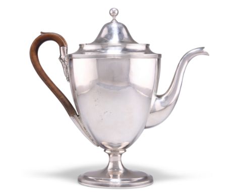 A GEORGE III SILVER TEAPOT,&nbsp;by&nbsp;Henry Chawner, London 1792, of plain ovoid form with pedestal foot, the hinged domed