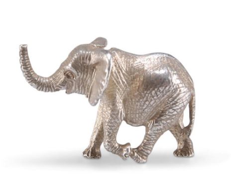 A STERLING SILVER ELEPHANT, by Patrick Mavros, Zimbabwe, modern, the miniature model realistically cast running with trunk ra