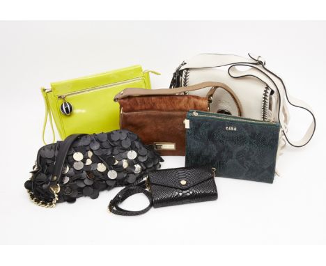 SIX DESIGNER HANDBAGS, including A LULU GUINNESS NEON PATENT HANDBAG, with dustbag; A MICHAEL KORS SMALL HANDBAG / PURSE; A C