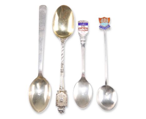 A GROUP OF FOUR SILVER SPOONS, various marks, including two with enamel terminals. (4) 1.4 troy ounces