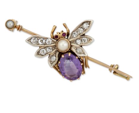 A VICTORIAN GEM-SET INSECT BROOCH,&nbsp;with oval-cut amethyst abdomen, a split pearl thorax, ruby&nbsp;cabochon&nbsp;eyes, a