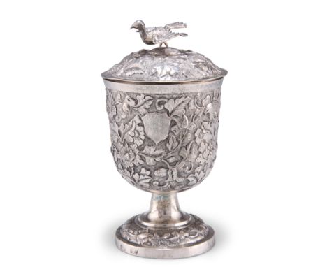A CHINESE EXPORT SILVER CUP AND COVER, by M K, Canton, late 19th Century, chased with flowerheads and foliage, the cover with