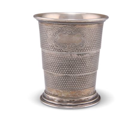 A GERMAN SILVER COLLAPSIBLE BEAKER CUP, the tapering cylindrical body with engine-turned ground, stamped marks. 8.5cm high, 3