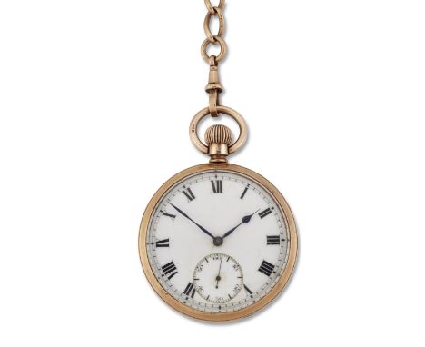 A 9 CARAT GOLD OPEN FACED POCKET WATCH, circular white enamel dial with black Roman index and outer minute track, subsidiary 