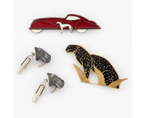 BUTLER &amp; WILSON - A SILVER AND ENAMEL CAR AND GREYHOUND BROOCH, maker's mark, hallmarked London 1979, 6.5cm by 2cm; and A