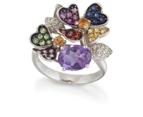 A GEMSTONE AND DIAMOND DRESS RING, a floral cluster set throughout with round-cut fancy coloured sapphires, diamonds and othe