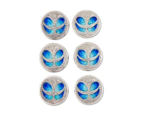 A SET OF SIX EDWARDIAN SILVER AND ENAMEL BUTTONS, by Levi &amp; Salaman, Birmingham 1904, the textured grounds filled with bl