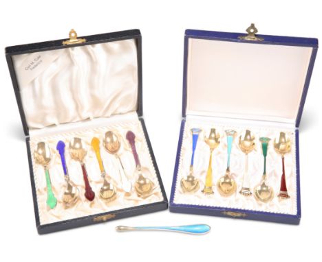 A SET OF SIX DANISH STERLING SILVER AND ENAMEL COFFEE SPOONS,&nbsp;by Egon Lauridsen, Copenhagen, cased; together with A SET 