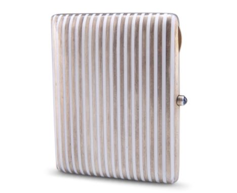 A CONTINENTAL SILVER AND ENAMEL CIGARETTE CASE, 900 grade, rounded rectangular, enamelled with white stripes, blue cabochon p