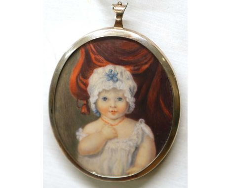ENGLISH SCHOOL (19TH CENTURY) CHILD IN WHITE TUNIC AND MATCHING BONNET TRIMMED WITH BLUE BEFORE A RED CURTAIN, portrait minia