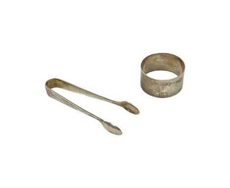 Small Silver Sugar Tongs and Napkin Ring. Josiah Williams and Co., London 1930 and Plante and Co, Birmingham 1896. 22 g and 1