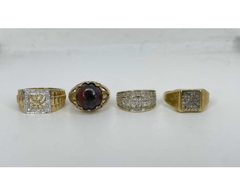  Four chunky diamond and agate 9ct gold rings( 18.6 g )Rolex Style Band Signet Ring, Agate Ring And 2x Diamond Rings sorted s