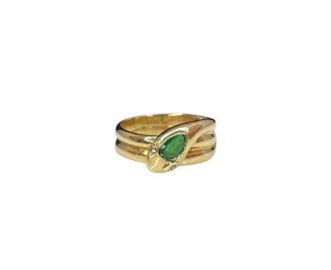 A 18ct gold snake ring, set with a pear shape emerald and diamond set eyes, hallmarked London 1877, weight approx 6.9g, size 