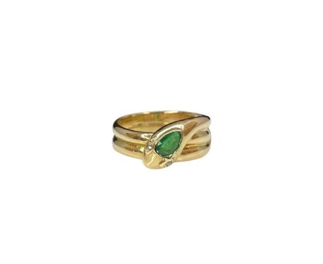 A 18ct gold snake ring, set with a pear shape emerald and diamond set eyes, hallmarked London 1877, weight approx 6.9g, size 